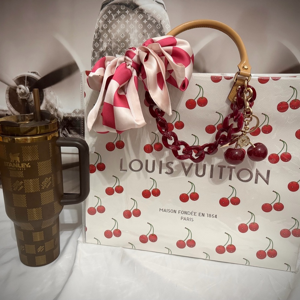 Louis Vuitton Upcycled White Cherry-Print PVC Tote Bag with Twillies & Keychain